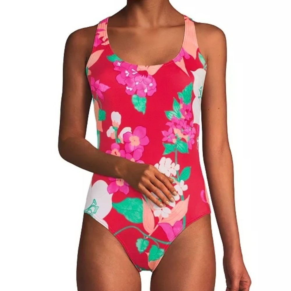 Lands End Red Floral One Piece Swimsuit Tugless X-Back Cross Back 16 D NWT